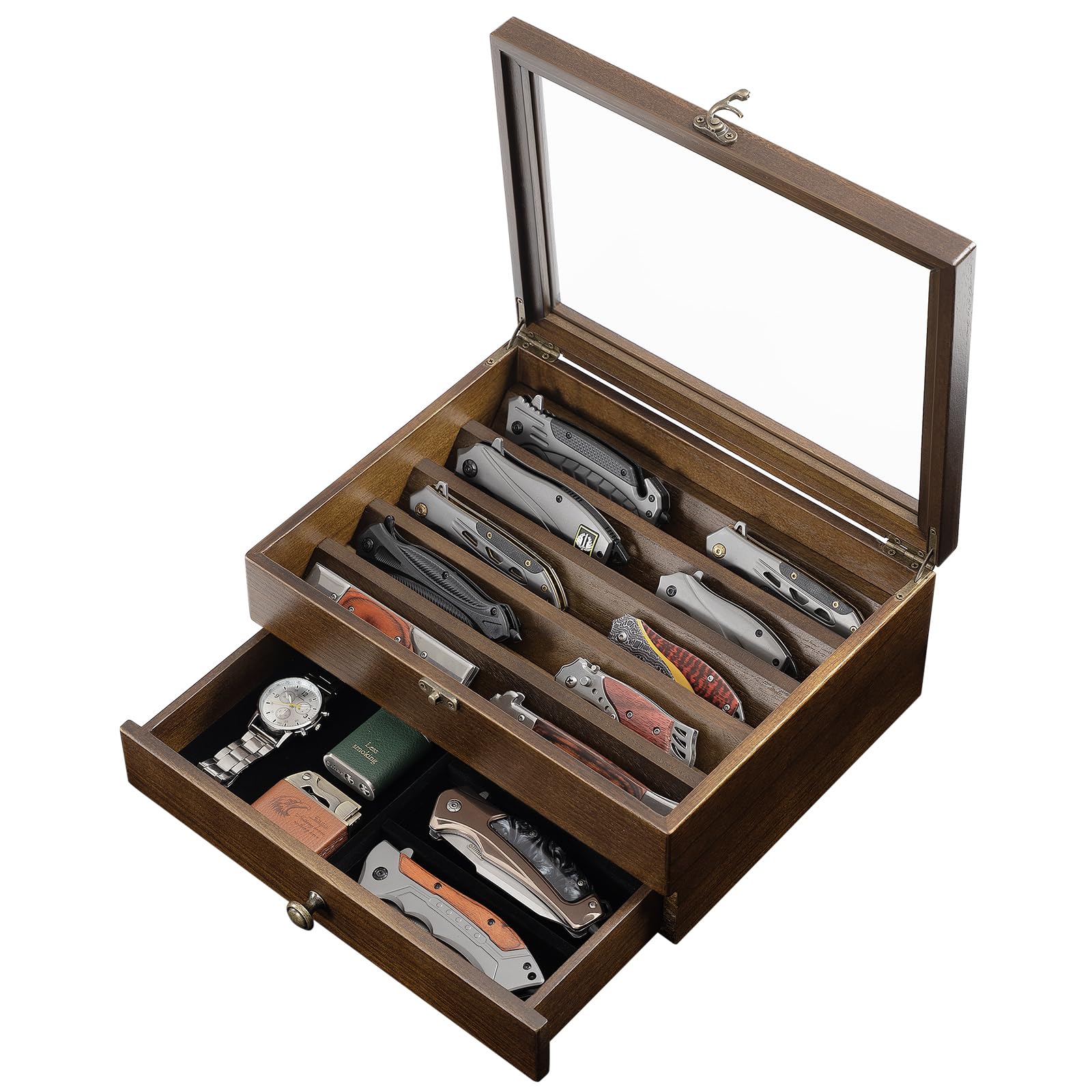 amoard knife display case with glass lid showcasing collection and protection from dust