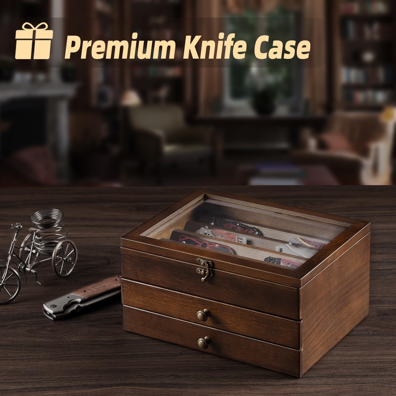 amoard Knife Display Case lower drawer stores four folding knives securely.