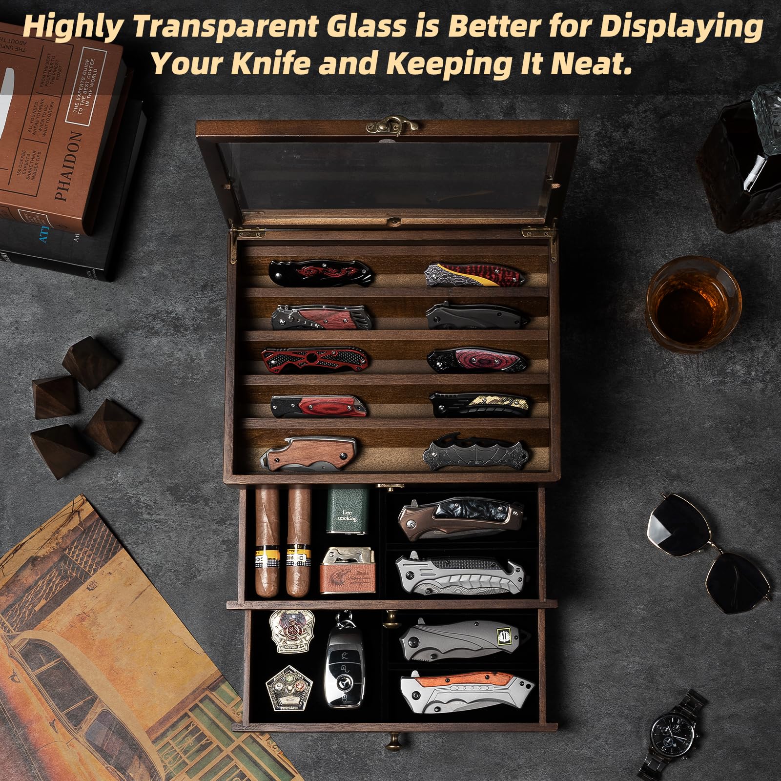 amoard Knife Display Case, two-tier layout shows space for daggers and folding knives, keeping blades organized.