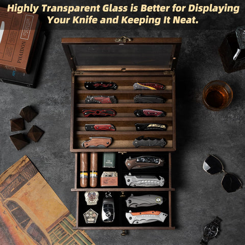 amoard Knife Display Case, two-tier layout shows space for daggers and folding knives, keeping blades organized.