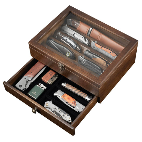 amoard two-tone color scheme in brown wood and black drawer