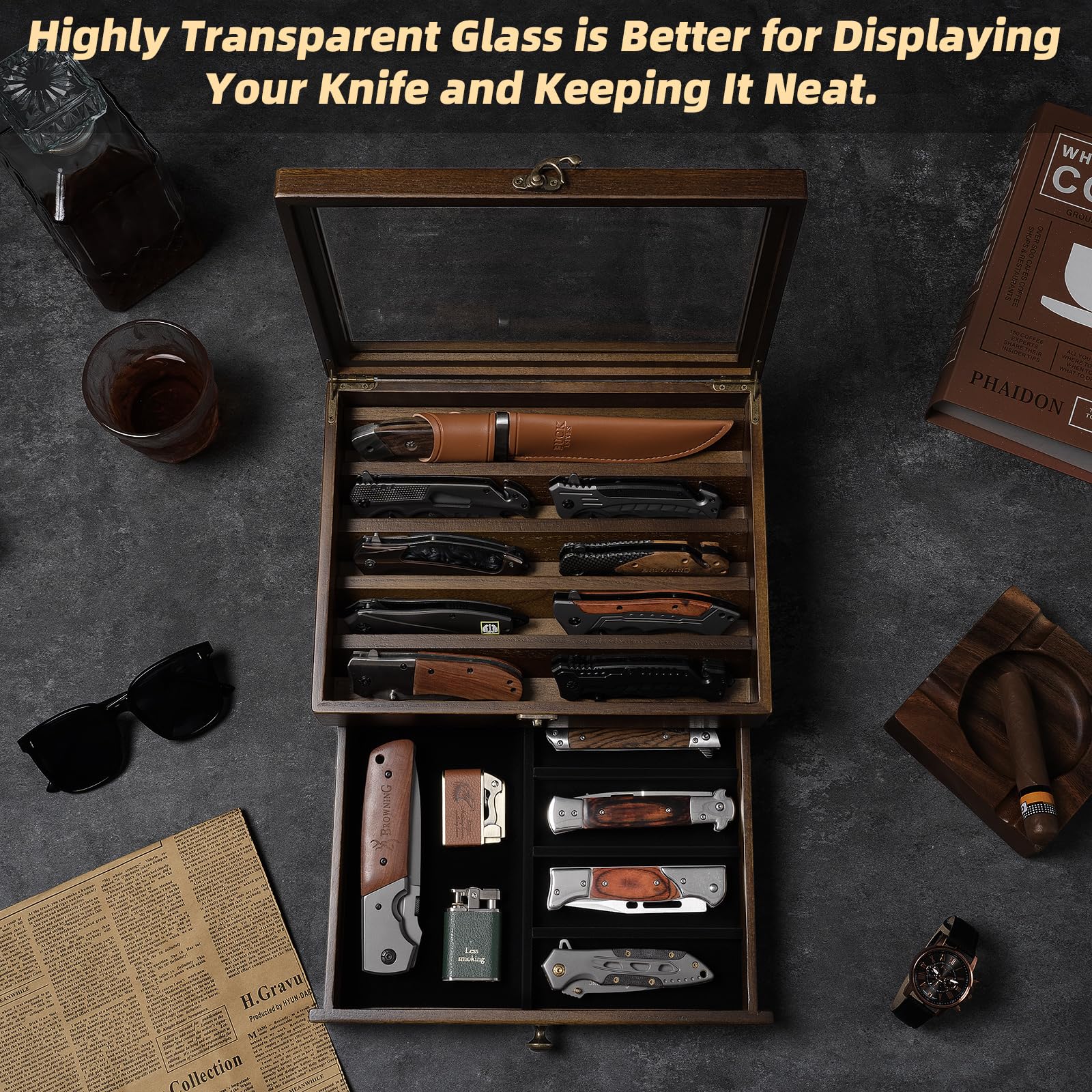 amoard upper tier holds five long daggers for organized display