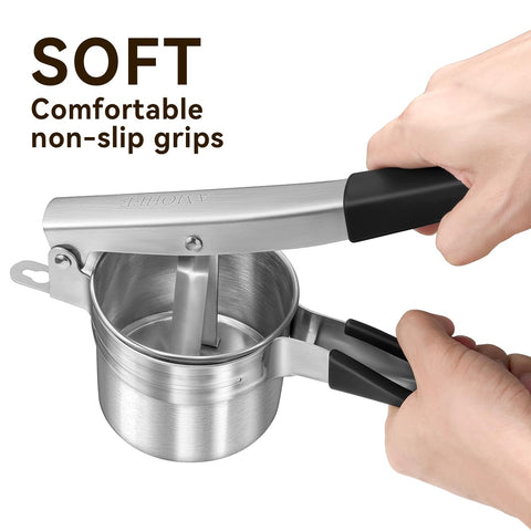 AMOHEE potato ricer includes 3 discs for versatile textures from potatoes to carrots.