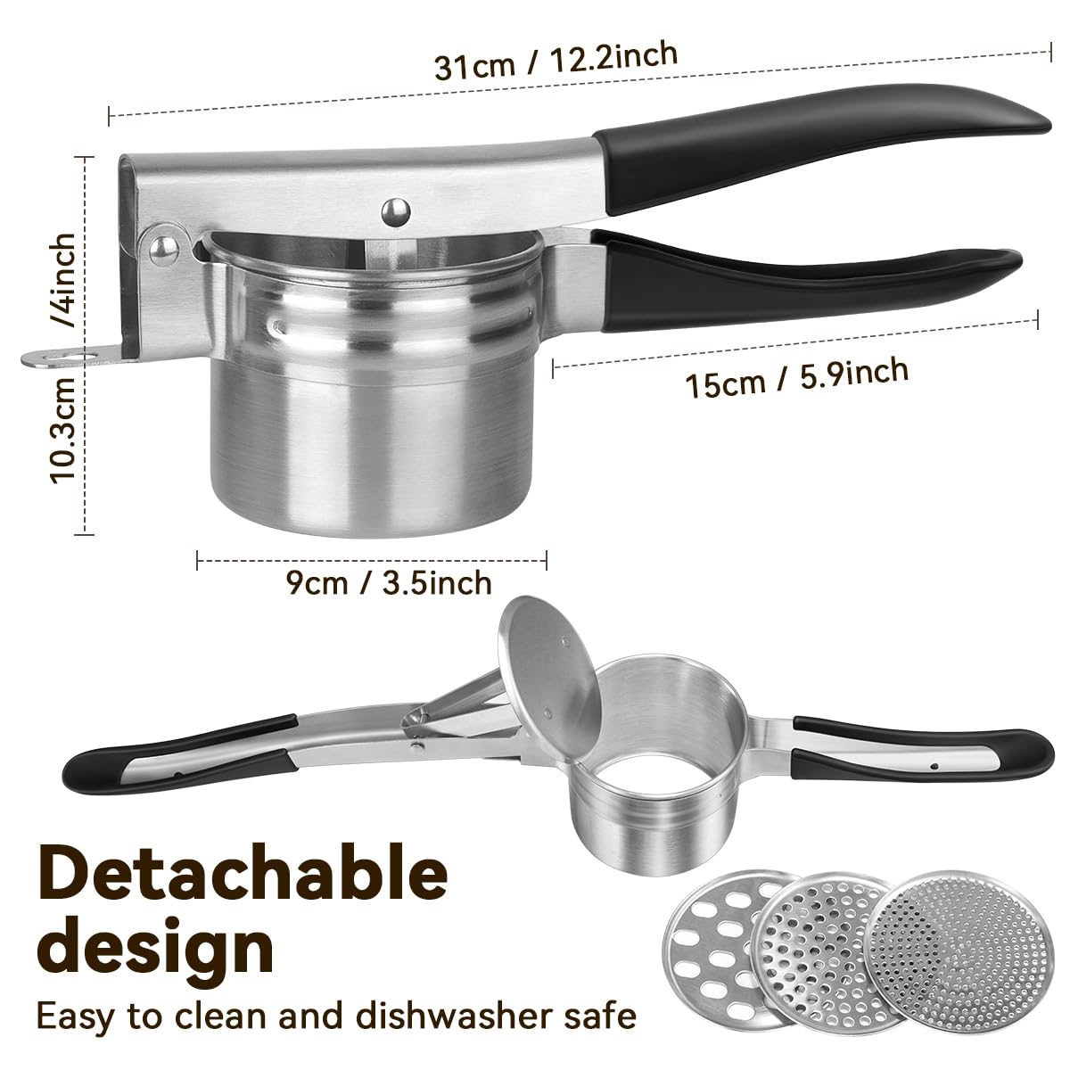 AMOHEE ricer with hanging storage hole for neat, organized kitchen setup.