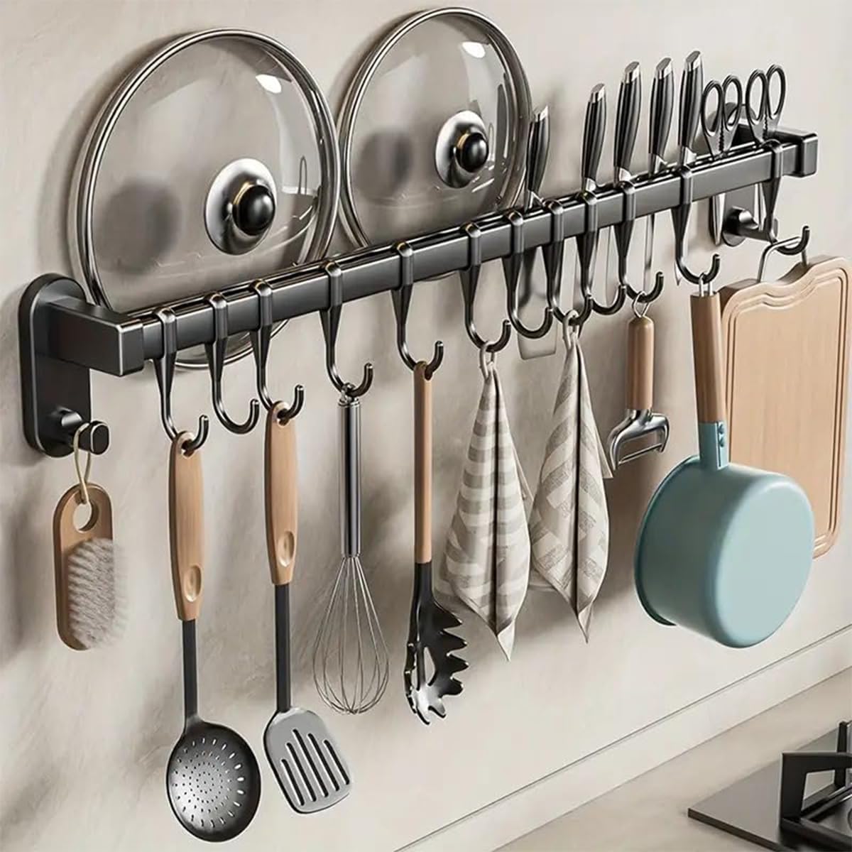 AmoiChic adhesive wall rack front view with eight hooks for pots and lids.