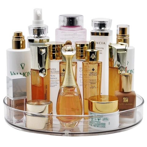 Amolliar clear lazy Susan in fridge keeps drinks and jars visible.