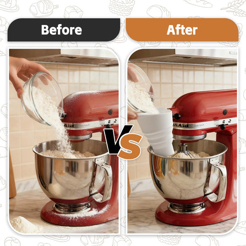 Amoner U pour funnel handles dry and wet ingredients for mess-free baking.