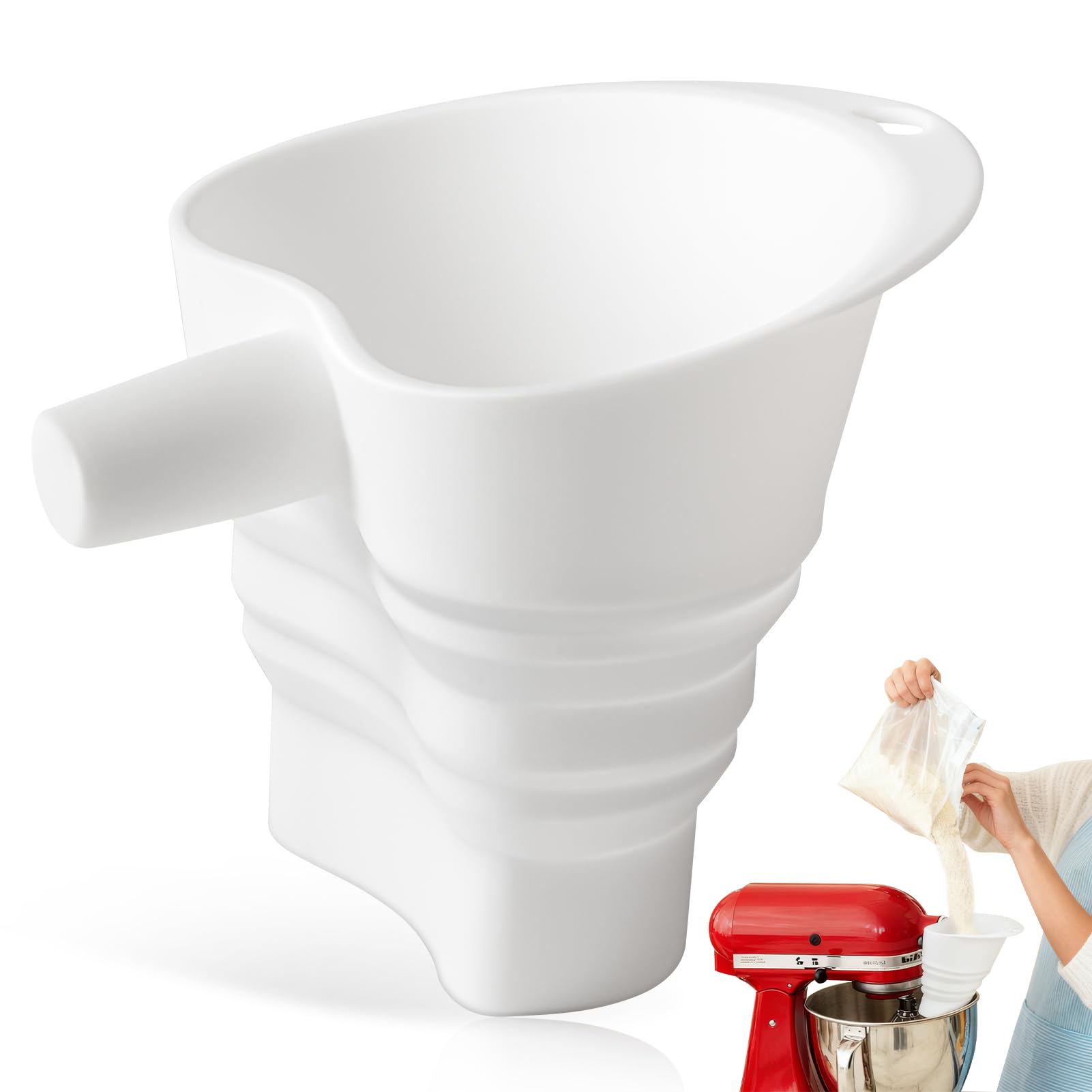 Amoner U flour funnel for KitchenAid KSM150 fits securely, reducing spills.