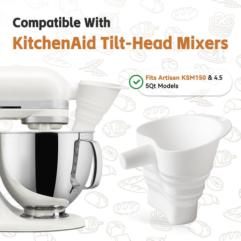 Amoner U funnel securely fits 4.5-5 Qt KitchenAid tilt-head mixers.