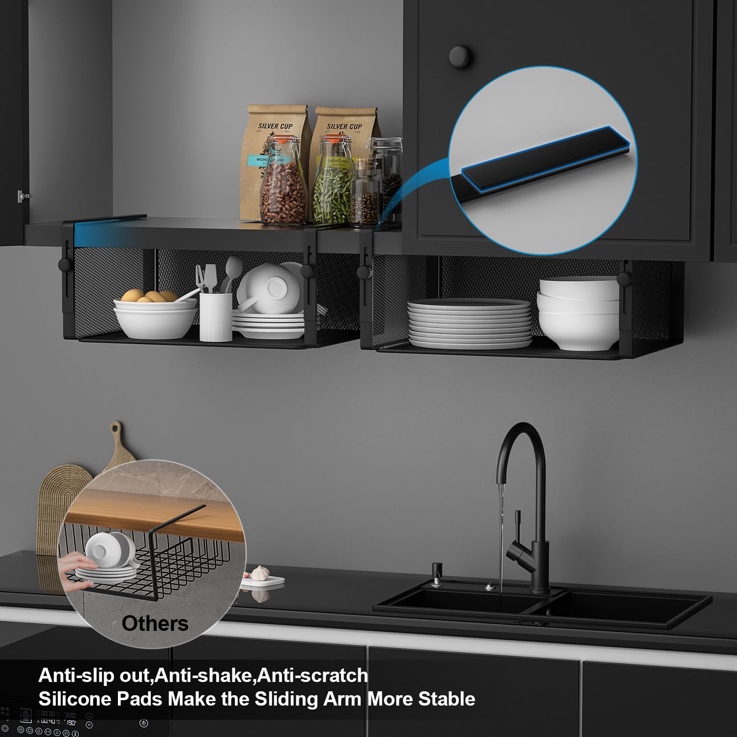 AmonHouseware black under-shelf basket enhances space efficiency in kitchens.