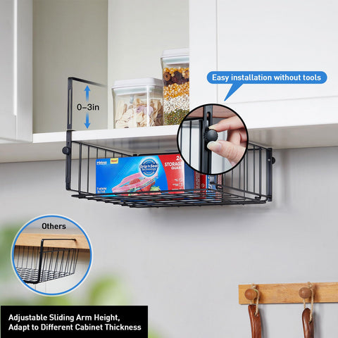 AmonHouseware hanging under-shelf basket, side view, adjustable height for shelves.