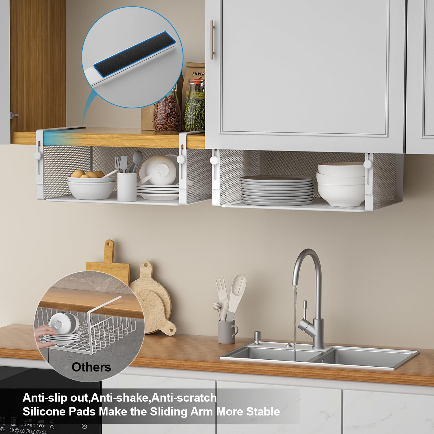 AmonHouseware large-capacity under-shelf basket organizes pantry items.