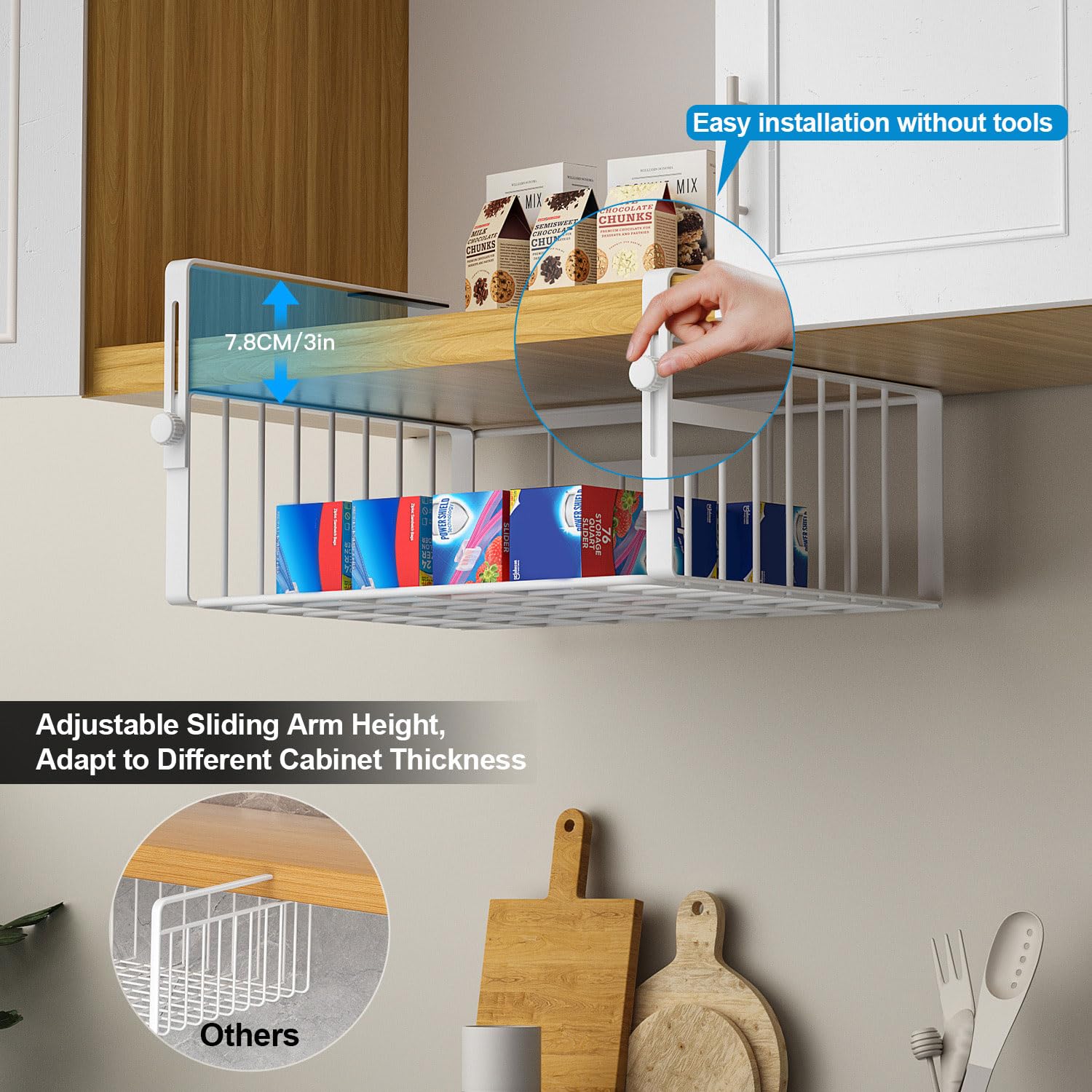 AmonHouseware under-shelf basket with adjustable arm, versatile cabinet storage