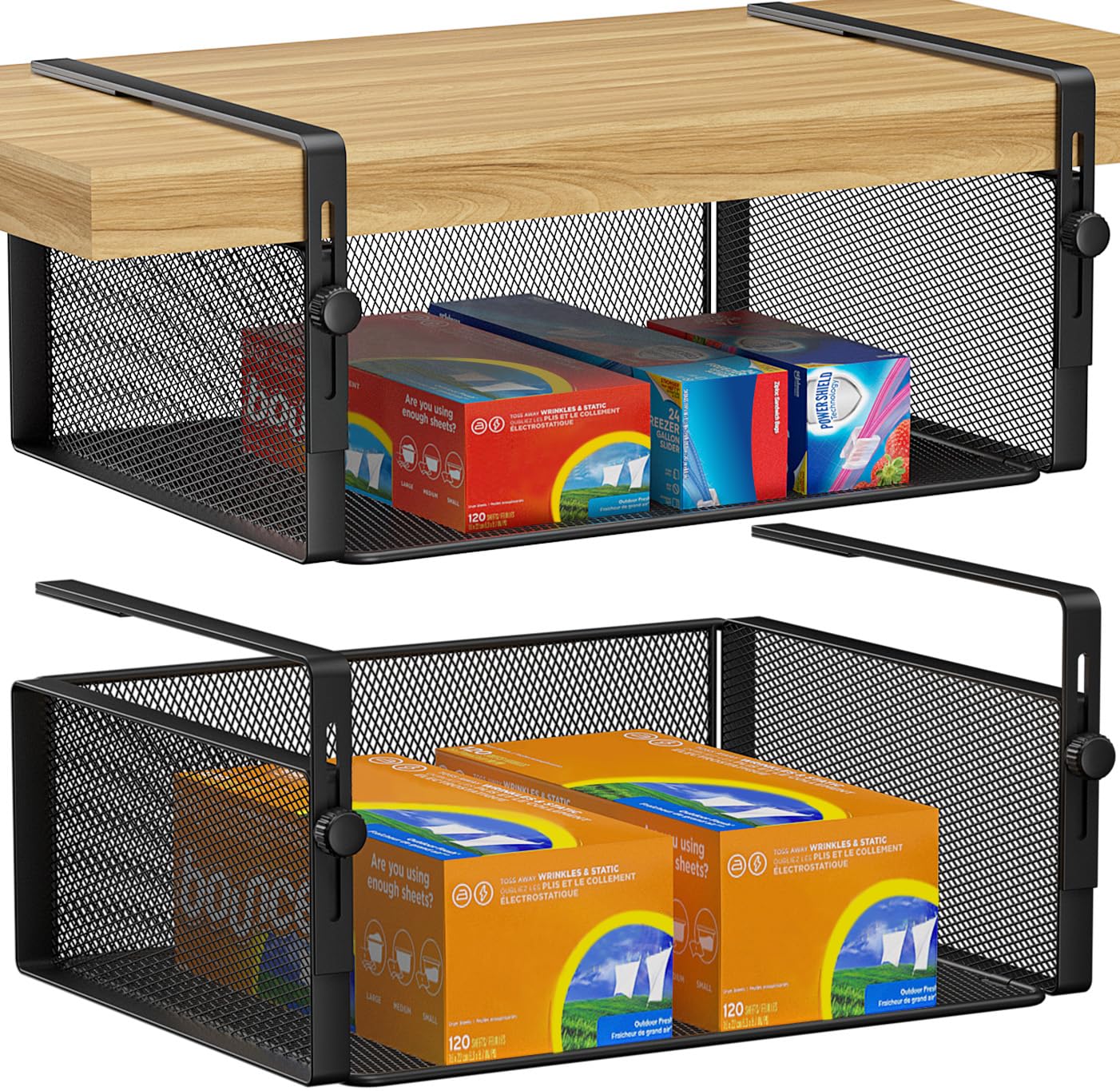 AmonHouseware under-shelf basket with adjustable arm for stable cabinet storage.