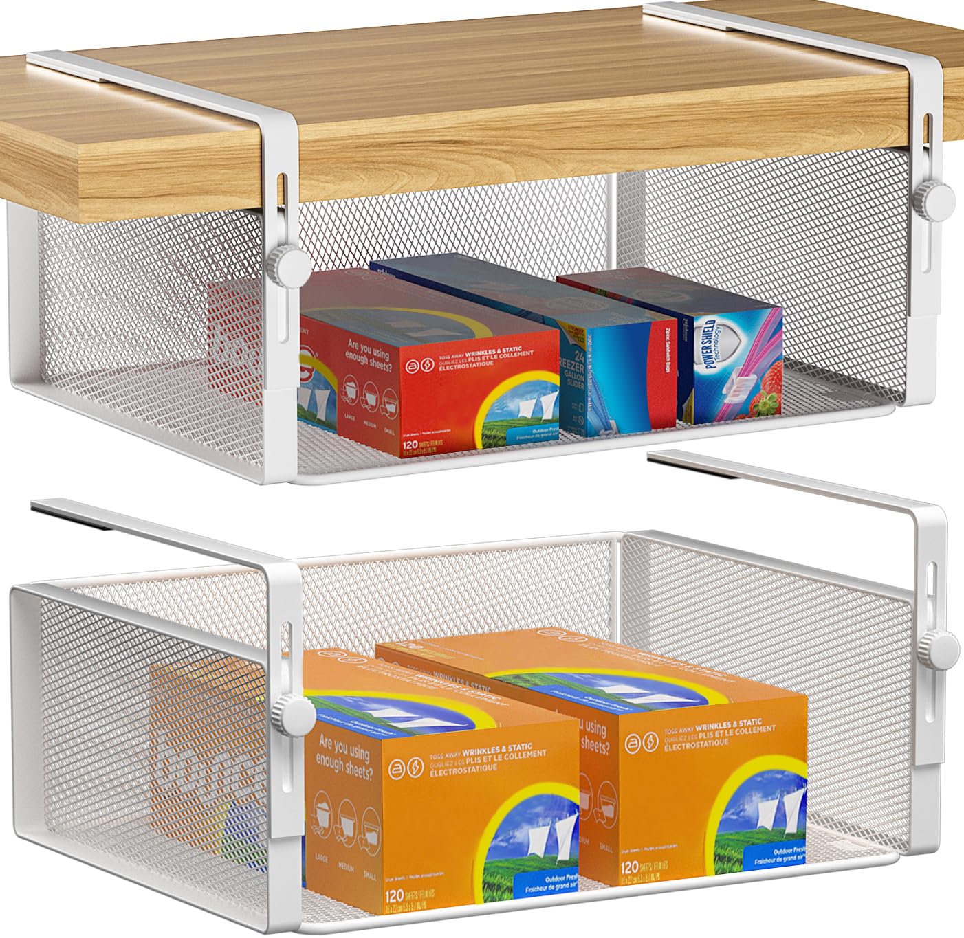 AmonHouseware under-shelf basket front view in white for cabinet organization.