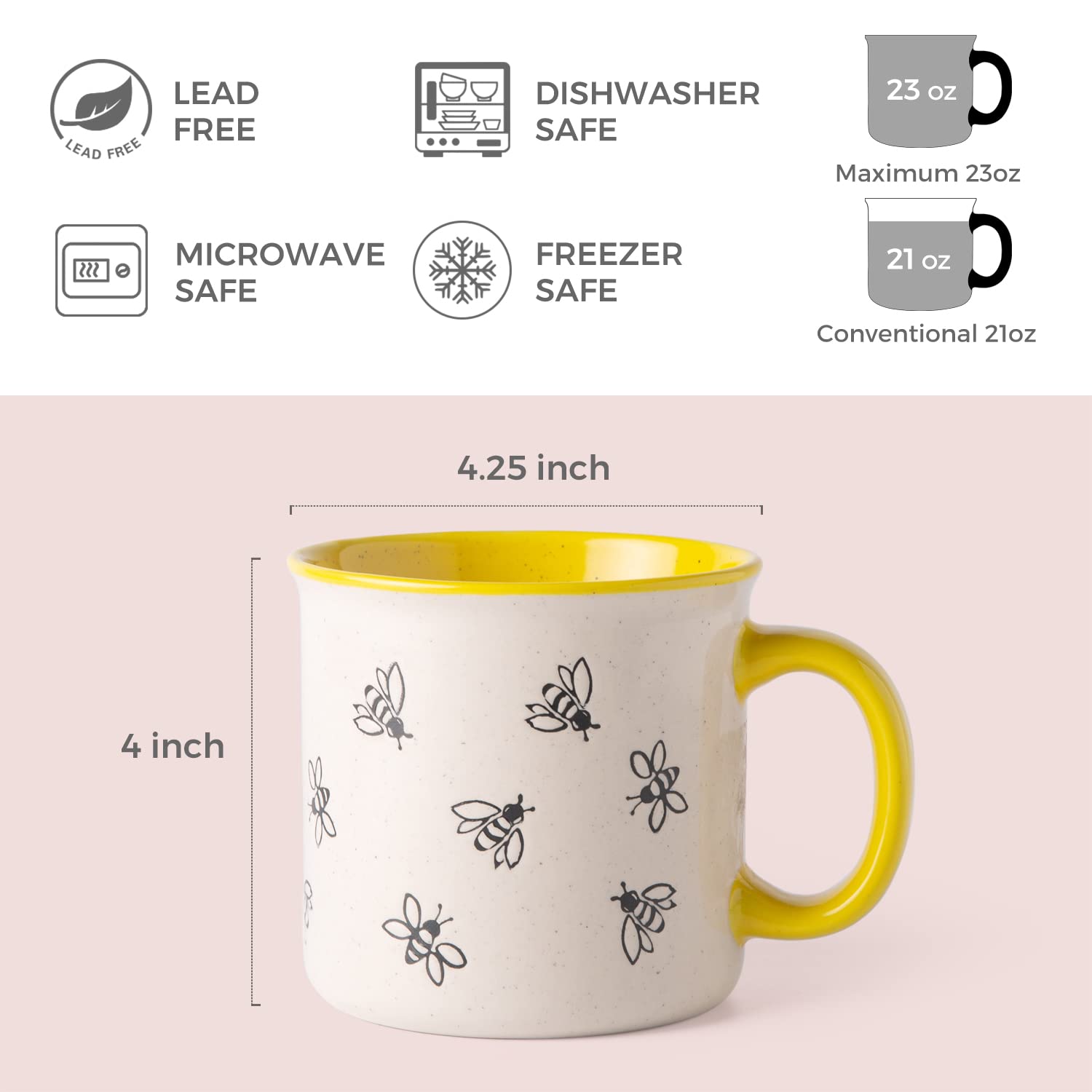 AmorArc mug close-up showing bee texture ideal for tea or cocoa rituals