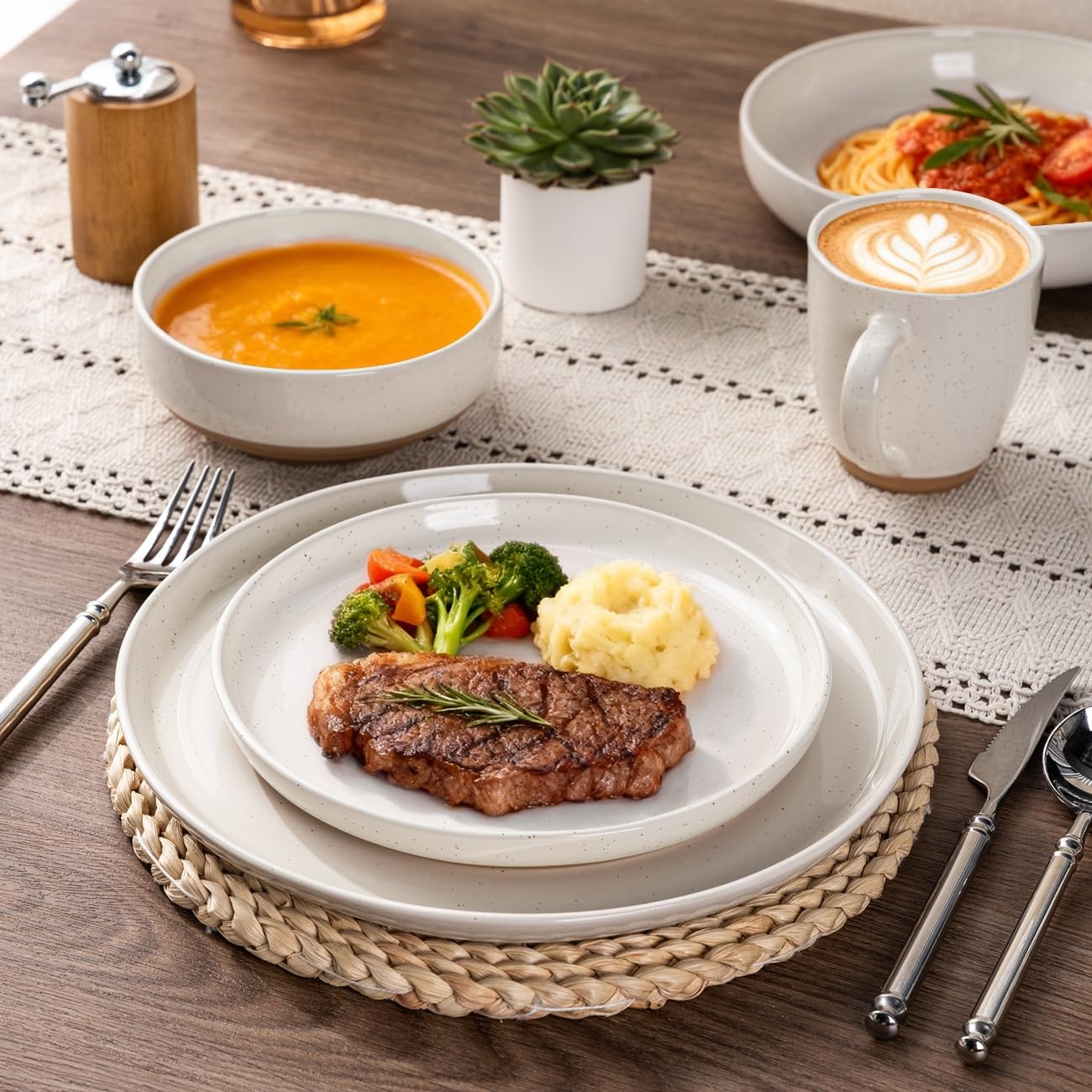 AmorArc rustic terracotta underside adds warm contrast to tableware.