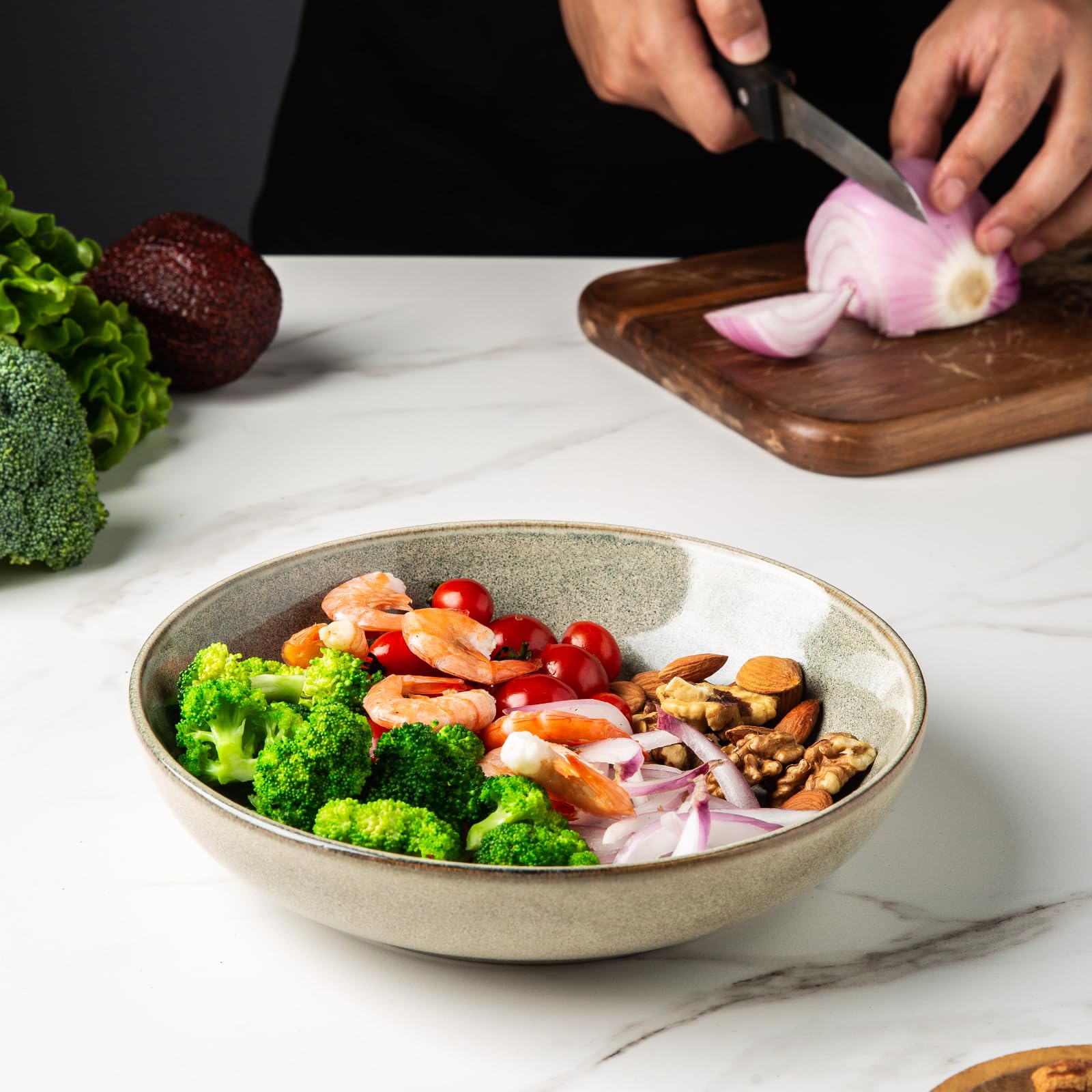 Stacked AmorArc bowls save cabinet space and simplify cleanup