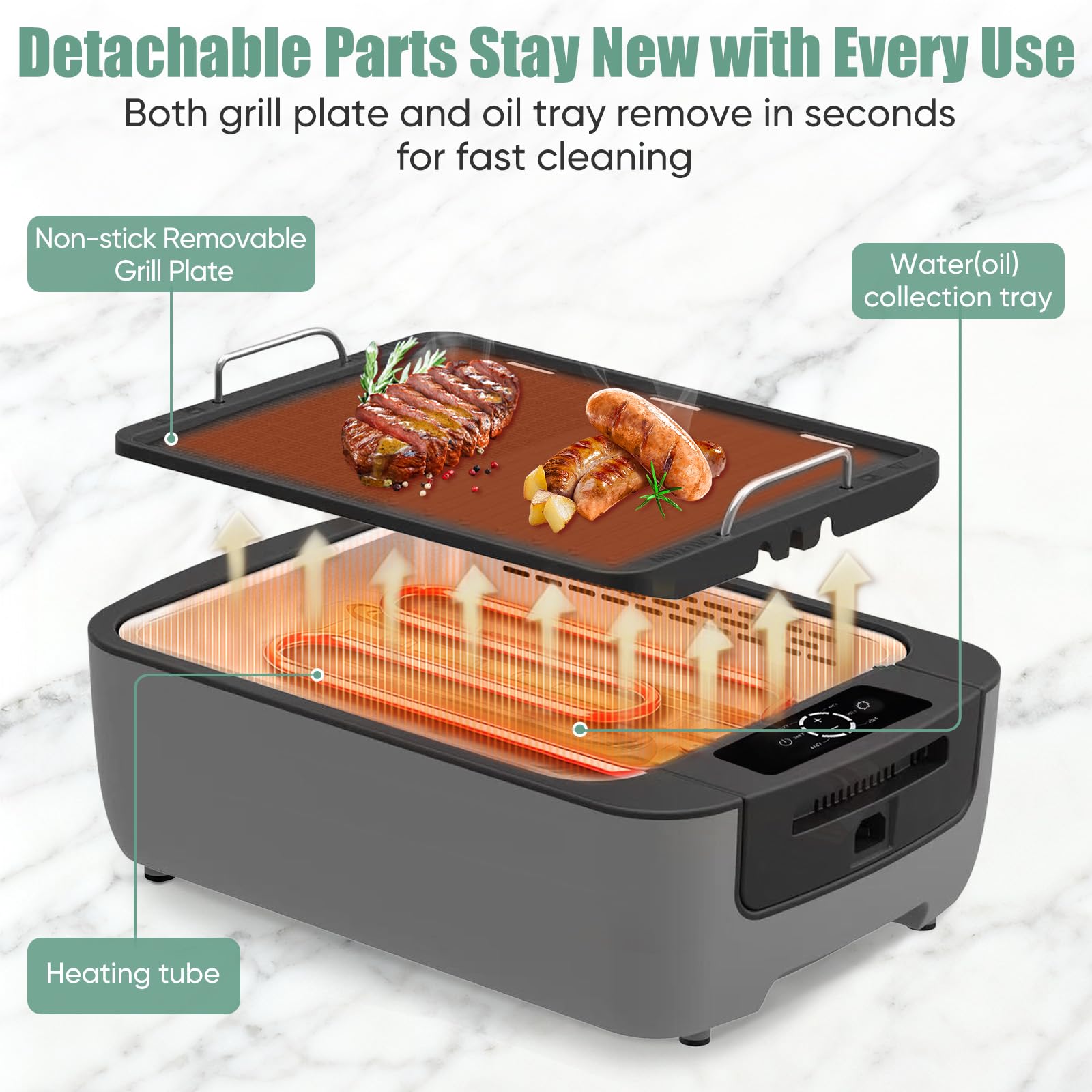 Amornest dishwasher-safe drip tray helps catch grease and reduce smoke.