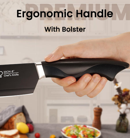 Amorston 8inch chef knife highlights versatile slicing and chopping tasks.