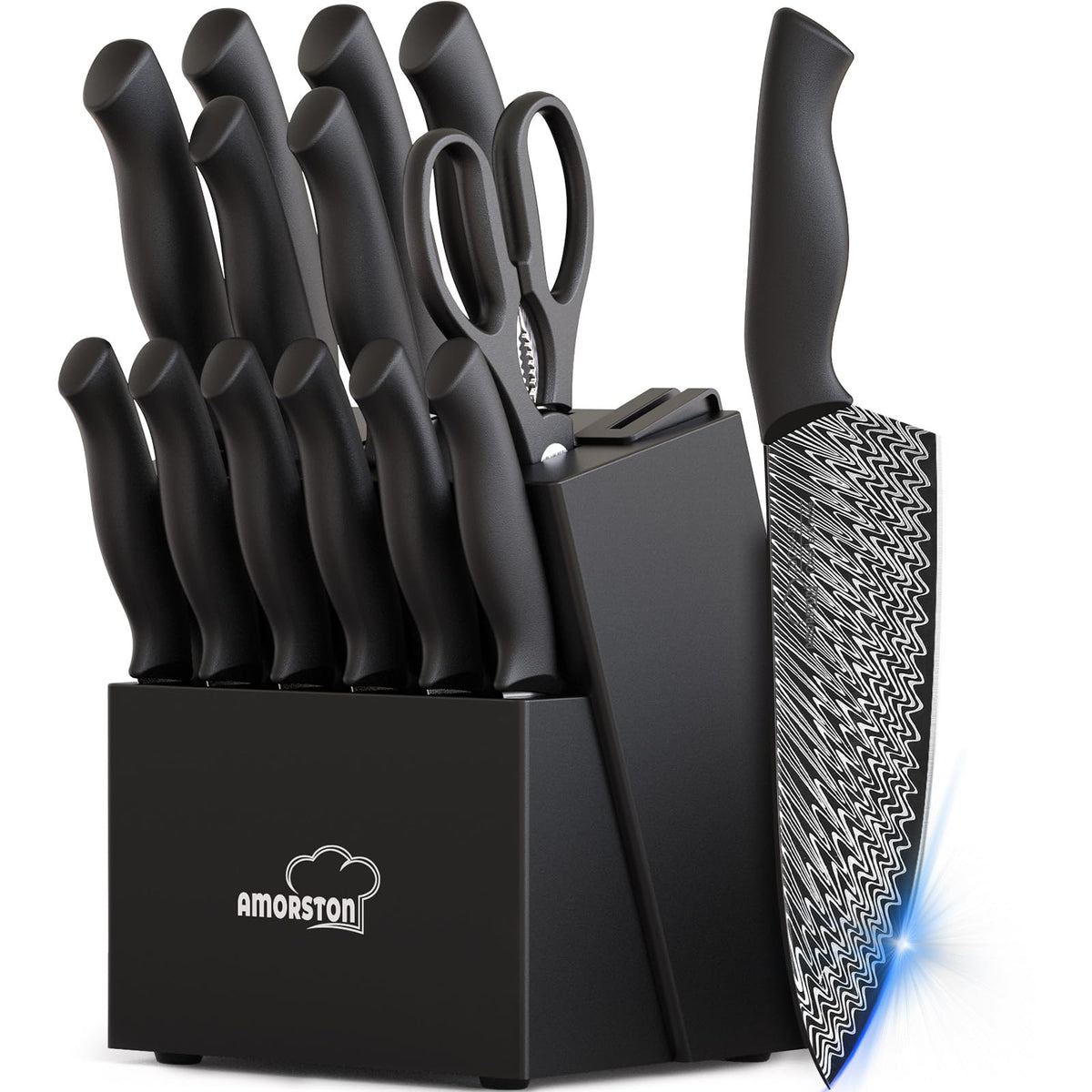 Amorston 15-piece knife set in a stylish block with built-in sharpener for easy maintenance.