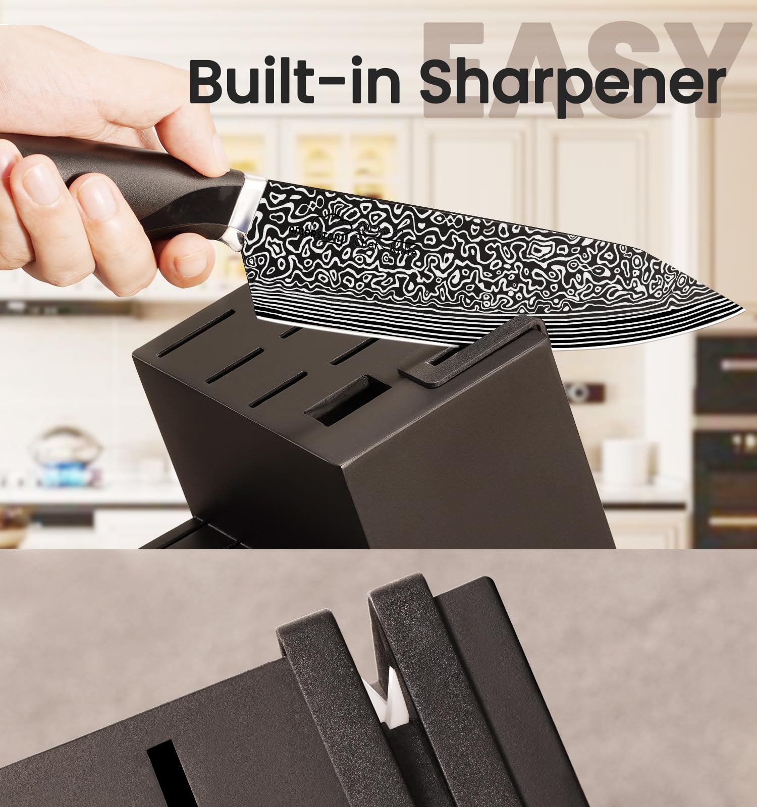 Amorston 7 inch santoku knife with ergonomic handle in use.