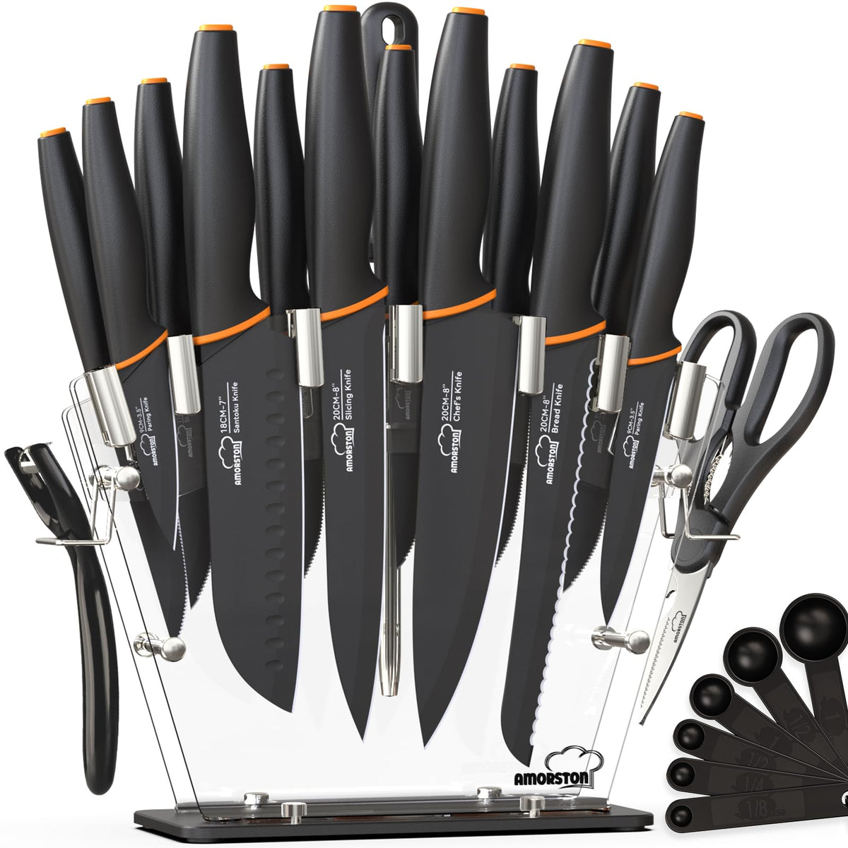 Amorston knife set in acrylic block, front view highlighting organization