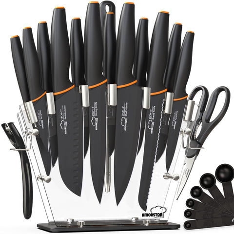 Amorston knife set in acrylic block, front view highlighting organization