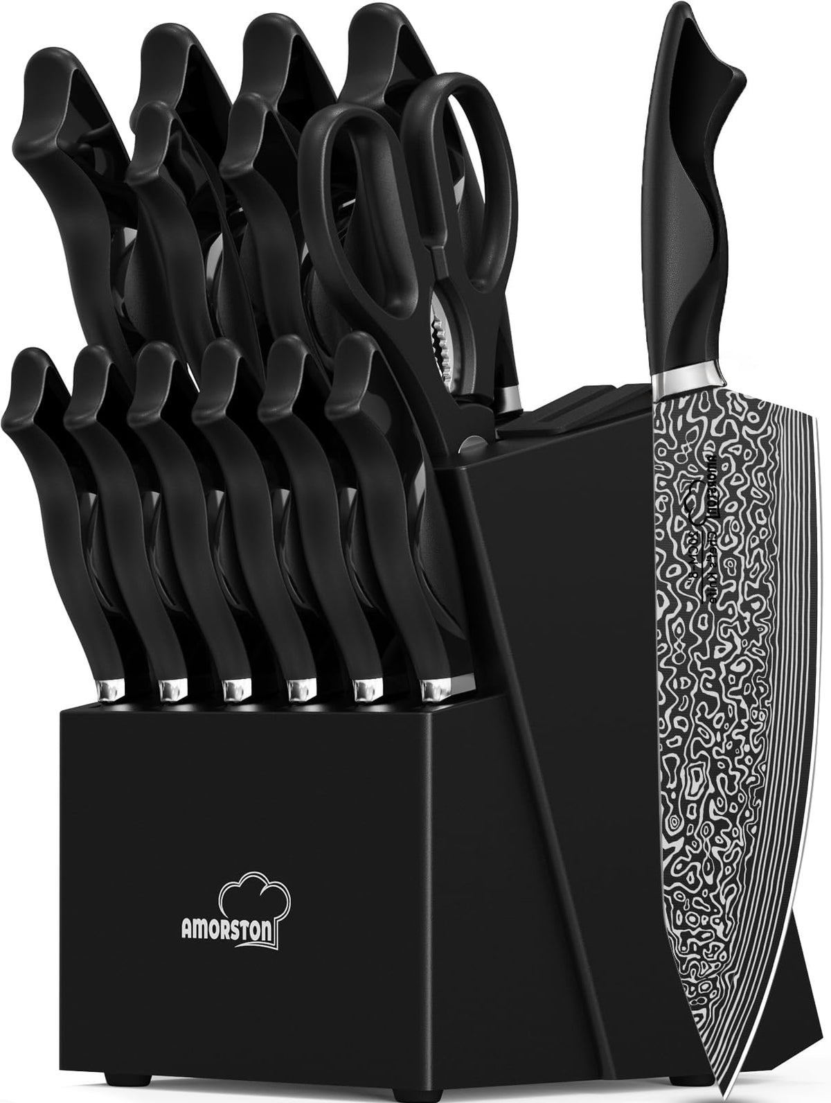 Amorston knife set block with built in sharpener for easy edge maintenance.