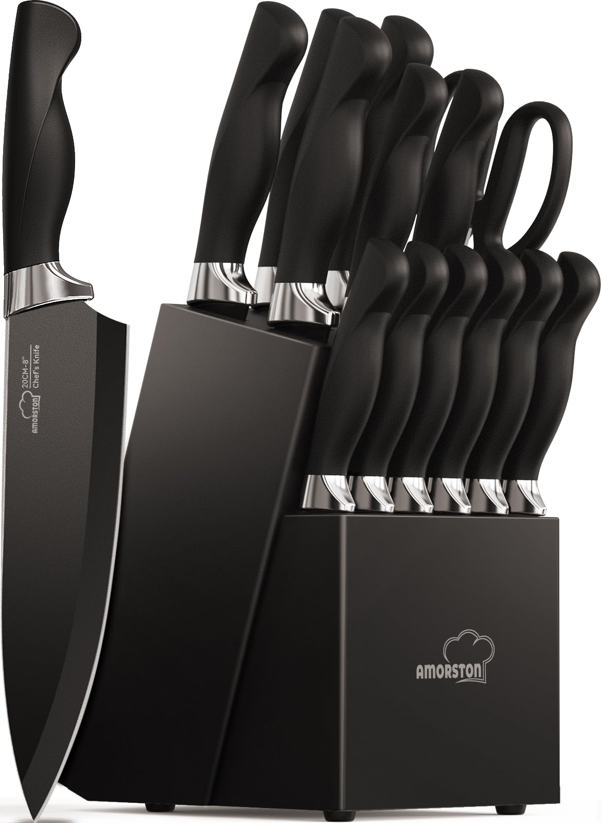 Amorston knife set block with built-in sharpener keeps blades ready for quick prep.