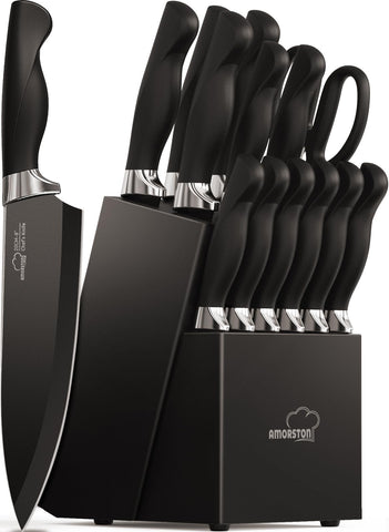 Amorston knife set block with built-in sharpener keeps blades ready for quick prep.