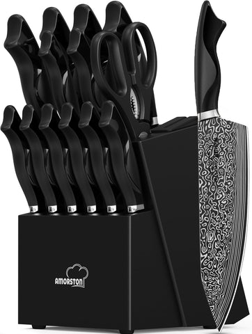 Amorston knife set block with built in sharpener for easy edge maintenance.