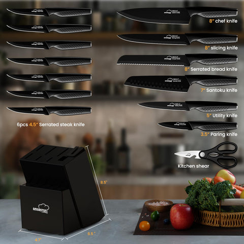 Amorston dishwasher-safe knives simplify cleanup without sacrificing sharpness.