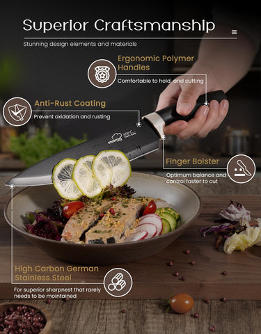 Amorston 8-inch slicing knife delivers clean meat and vegetable slices.