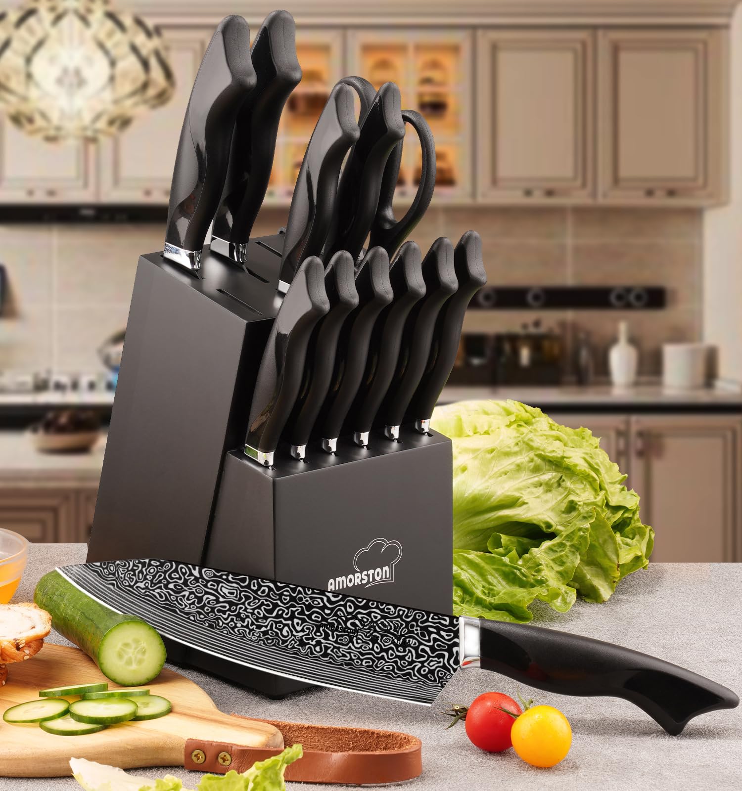 Amorston wooden knife block with built in sharpener keeps blades organized.
