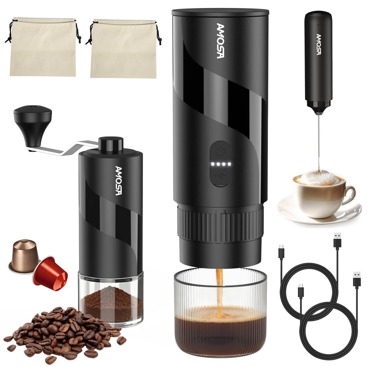 AMOSA 20-bar espresso extraction in action for bold flavor on the go.