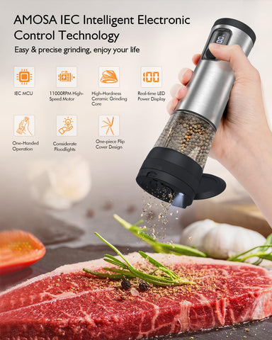 AMOSA electric grinder with LED light for precise seasoning and visibility.