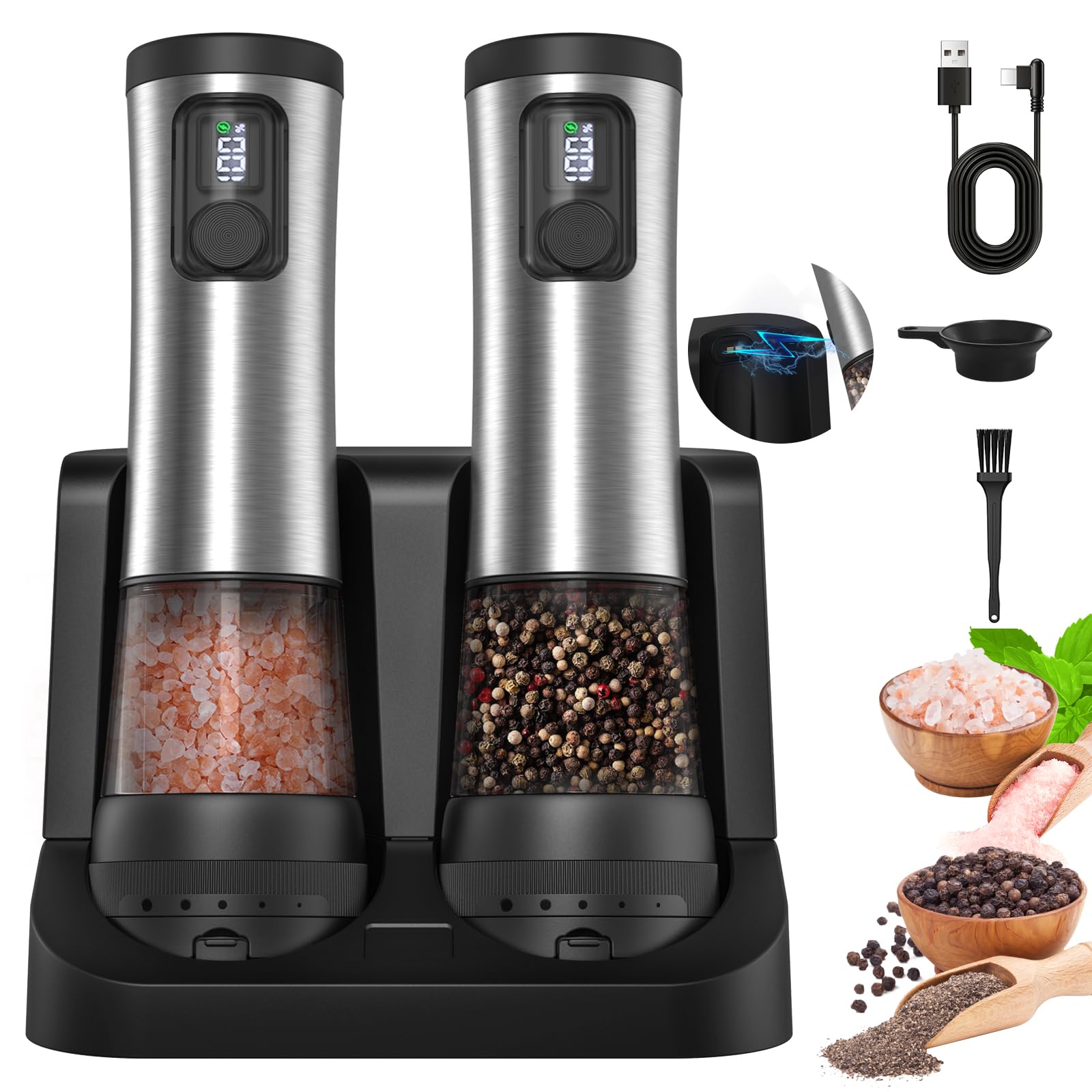 AMOSA electric salt and pepper grinder set side view for precise seasoning during cooking.