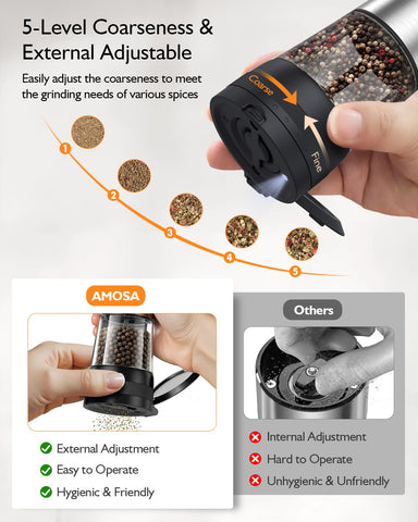 AMOSA external coarseness adjustment showcased for precise control over spice grind.
