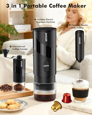 AMOSA portable coffee maker set on a travel desk for convenient brewing.