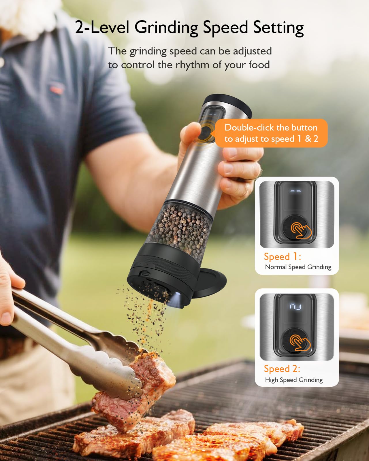 AMOSA dual-speed grinding demonstrated for faster seasoning and gentler powder when needed.
