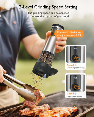 AMOSA dual-speed grinding demonstrated for faster seasoning and gentler powder when needed.
