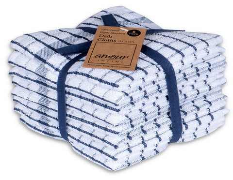 AMOUR INFINI dishcloths 8-pack showing 12x12 size and soft, absorbent texture.
