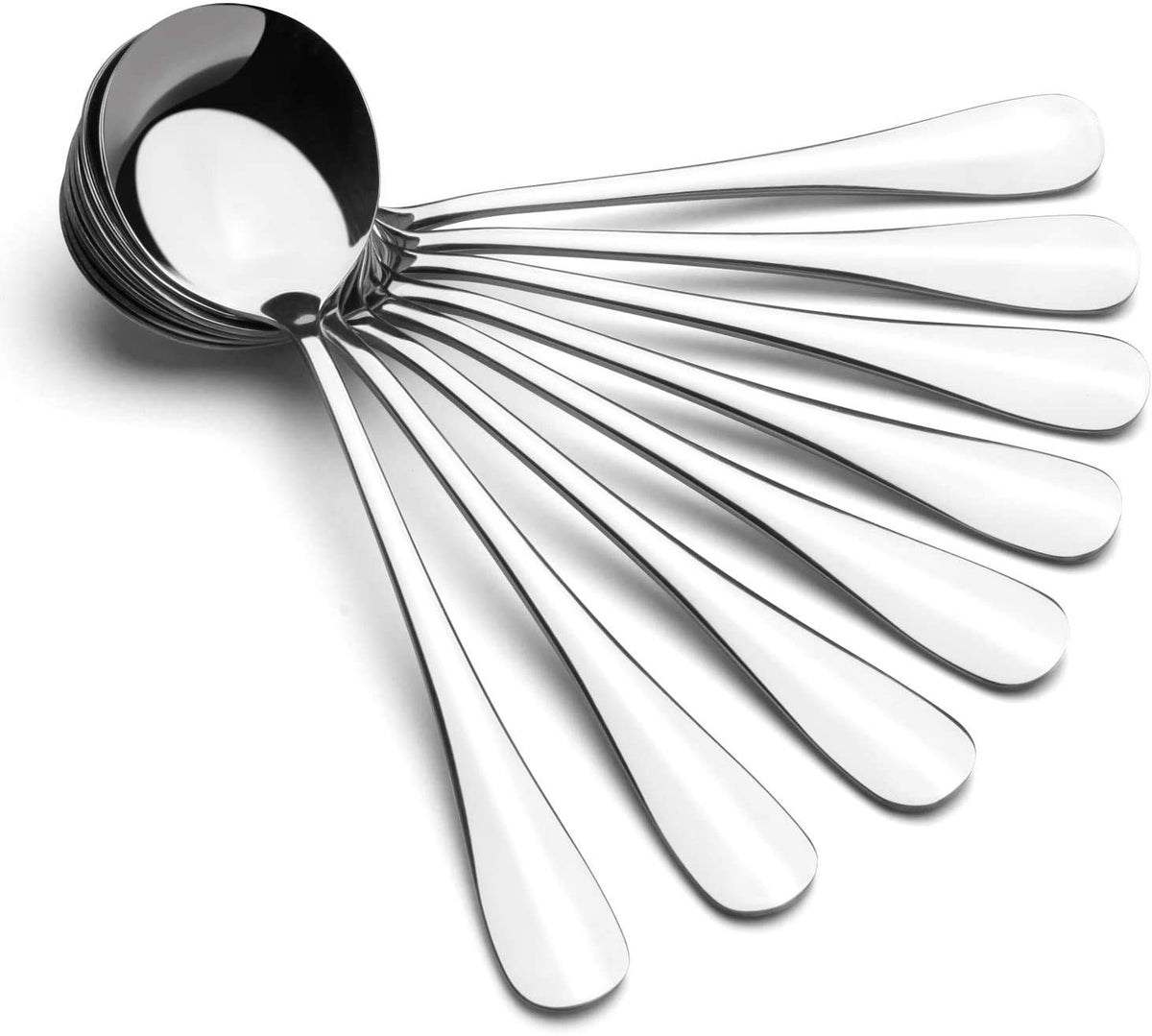 AmoVee 8-piece soup spoons with mirror finish for upscale table service.