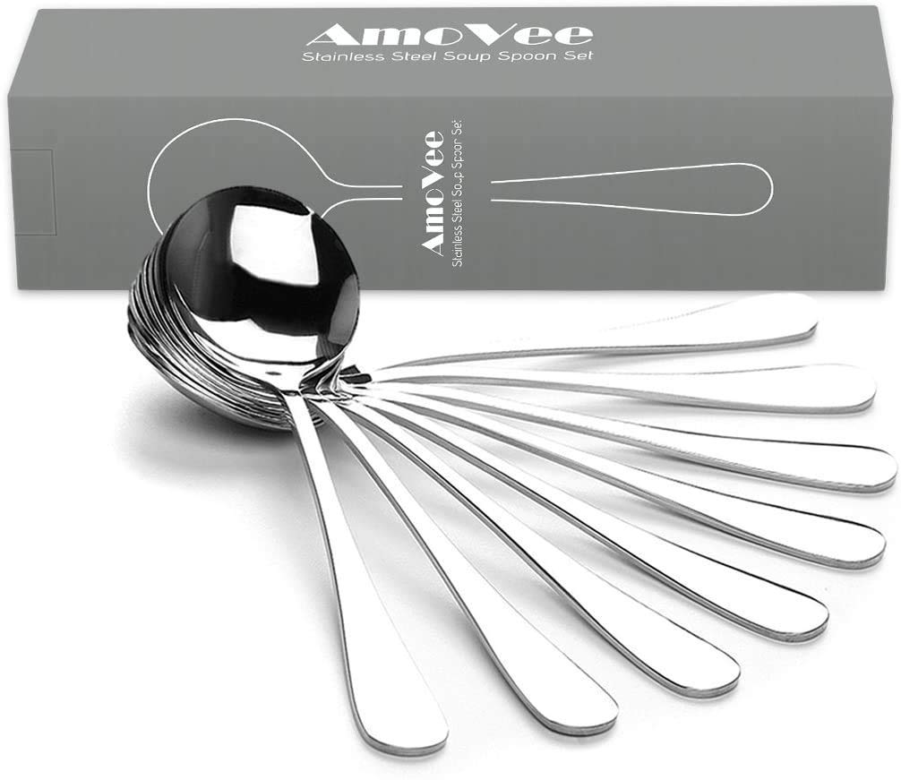 AmoVee soup spoons highlight the durable mirror finish.