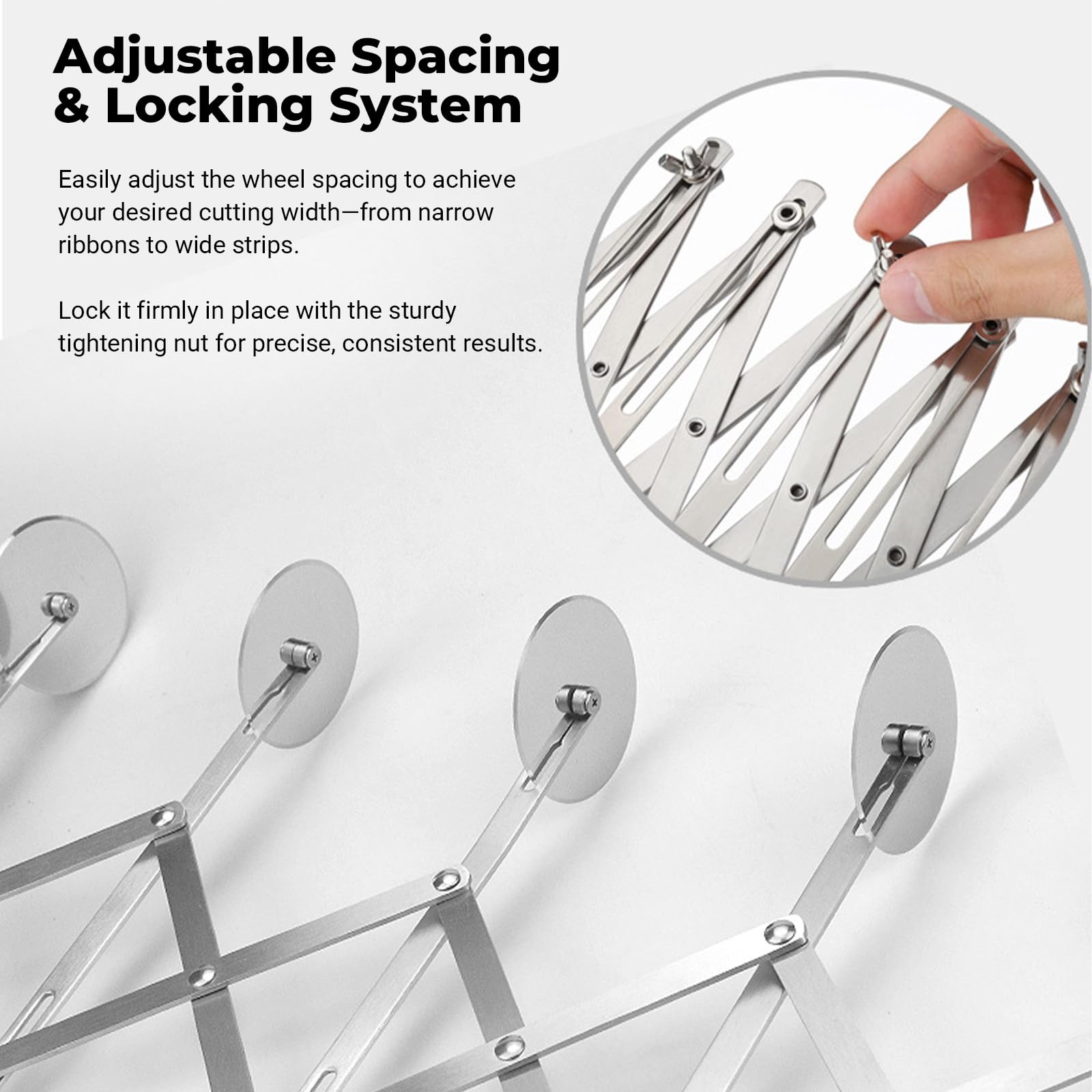 Amroicus expandable dough cutter roller demonstrates adjustable width options.