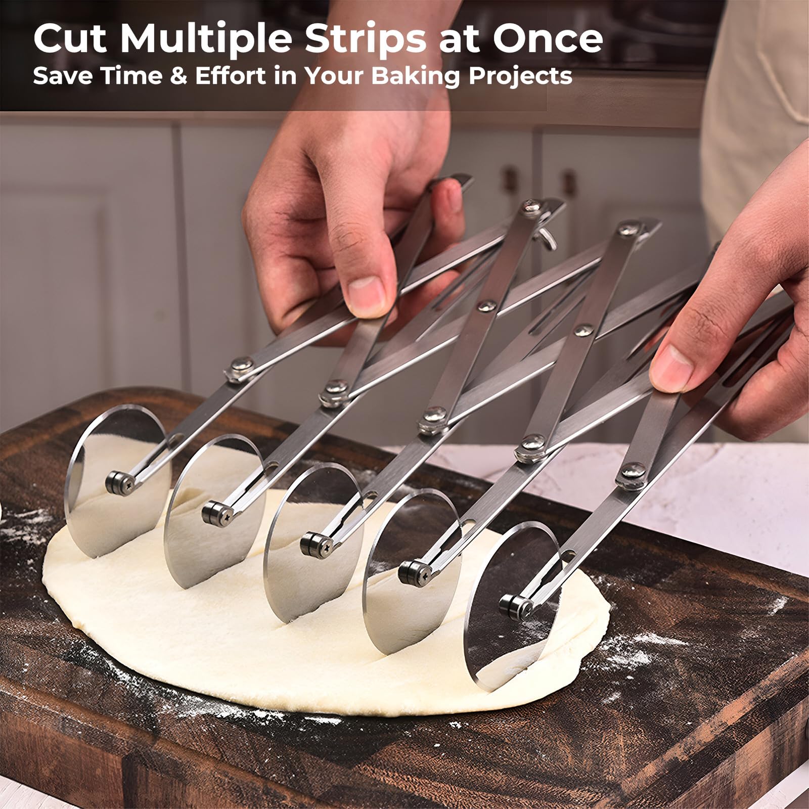Amroicus stainless steel pizza slicer side view highlights rust-proof durability for daily use.
