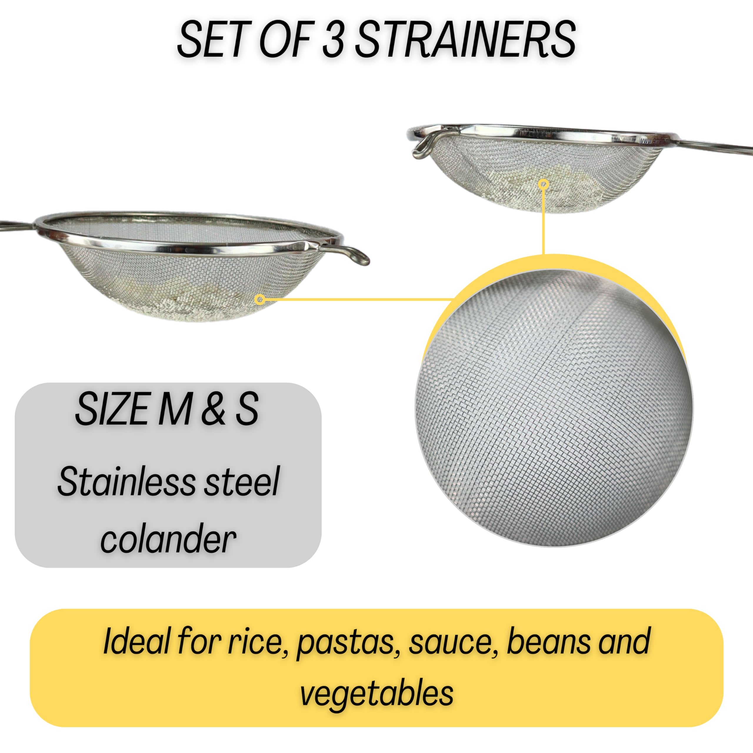 AMSE 7.1-inch closed-mesh strainer with sturdy handle for hot liquids.
