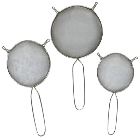 AMSE mesh strainers set of three for versatile sifting and draining.