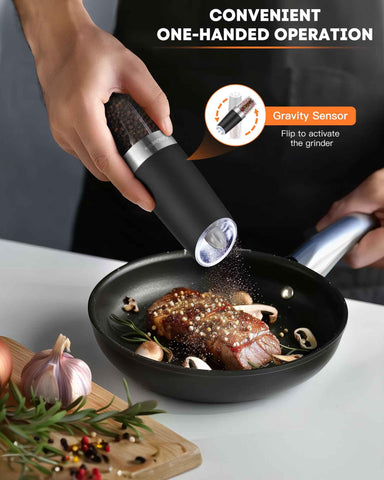 AmuseWit gravity grinder angled view highlighting one-handed operation during use.
